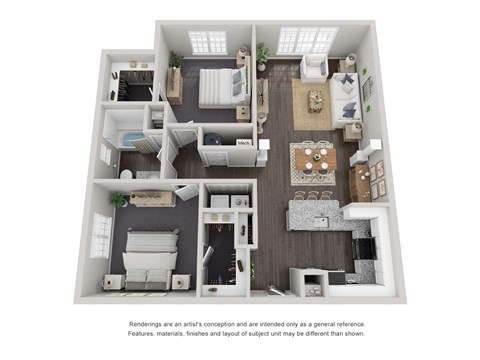 Floor plan for 2 beds, 1 bath, 946 sqft